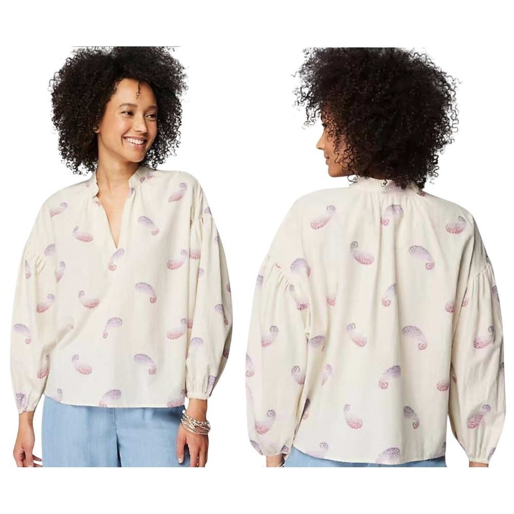 J Jill Womens 2X Cream Purple Paisley Printed Oversized Split-Neck Top WTP295761